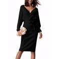 thumbnail image 2 of INSPIRE CHIC Women's Midi Dress Deep V Neck Batwing Long Sleeve Belted Wrap Sweater Dress S Black, 2 of 6