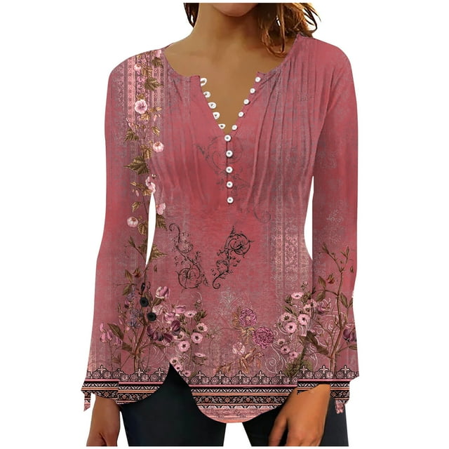 Pompotops Mode Décontractée pour Femmes Col Rond Manches Longues Bouton Imprimé Haut Blouse en Solde