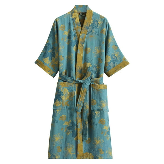 Tao Tao Women's Bathrobe Printed Long Sleeve Robe Soft Double-Layer Gauze Lightweight Midi Sleepwear Shower Kimono Robe Blue L