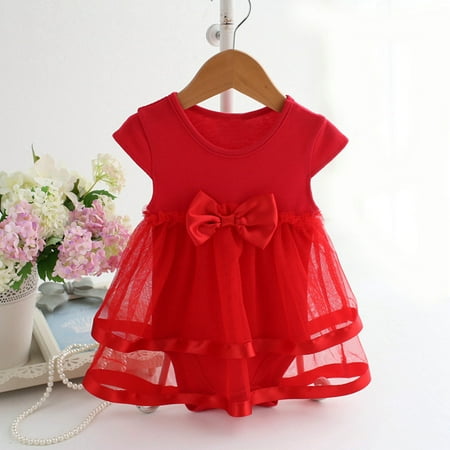 

Cathalem 1st Birthday Dresses Clothes Party Baby Birthday Girls Princess Bow Romper Jumpsuit Dresses with Sleeves for Girls Dress Red 6M