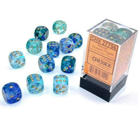Chessex Nebula 16mm d6 Oceanic/Gold w/Luminary Dice Block (12 dice), Blue
