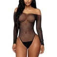 thumbnail image 1 of Body sexy de mujer con hombros descubiertos, lencería de diamantes de imitación de malla estrellada de manga larga AweSitey XX000208-00, 1 of 7
