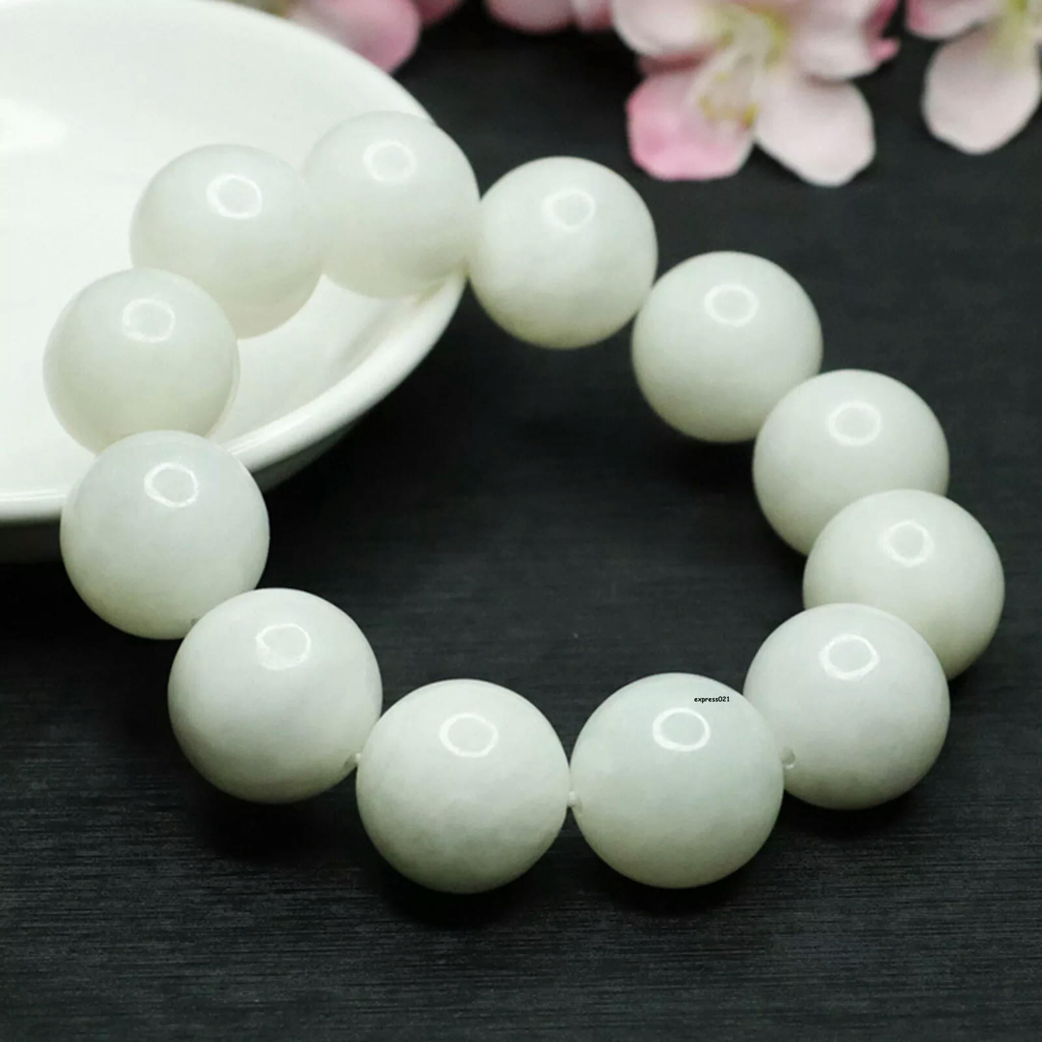 HOOUN Natural Jade Nephrite Lucky Gift Men Women 18mm Glossy Round&nbsp;Beaded Bracelet
