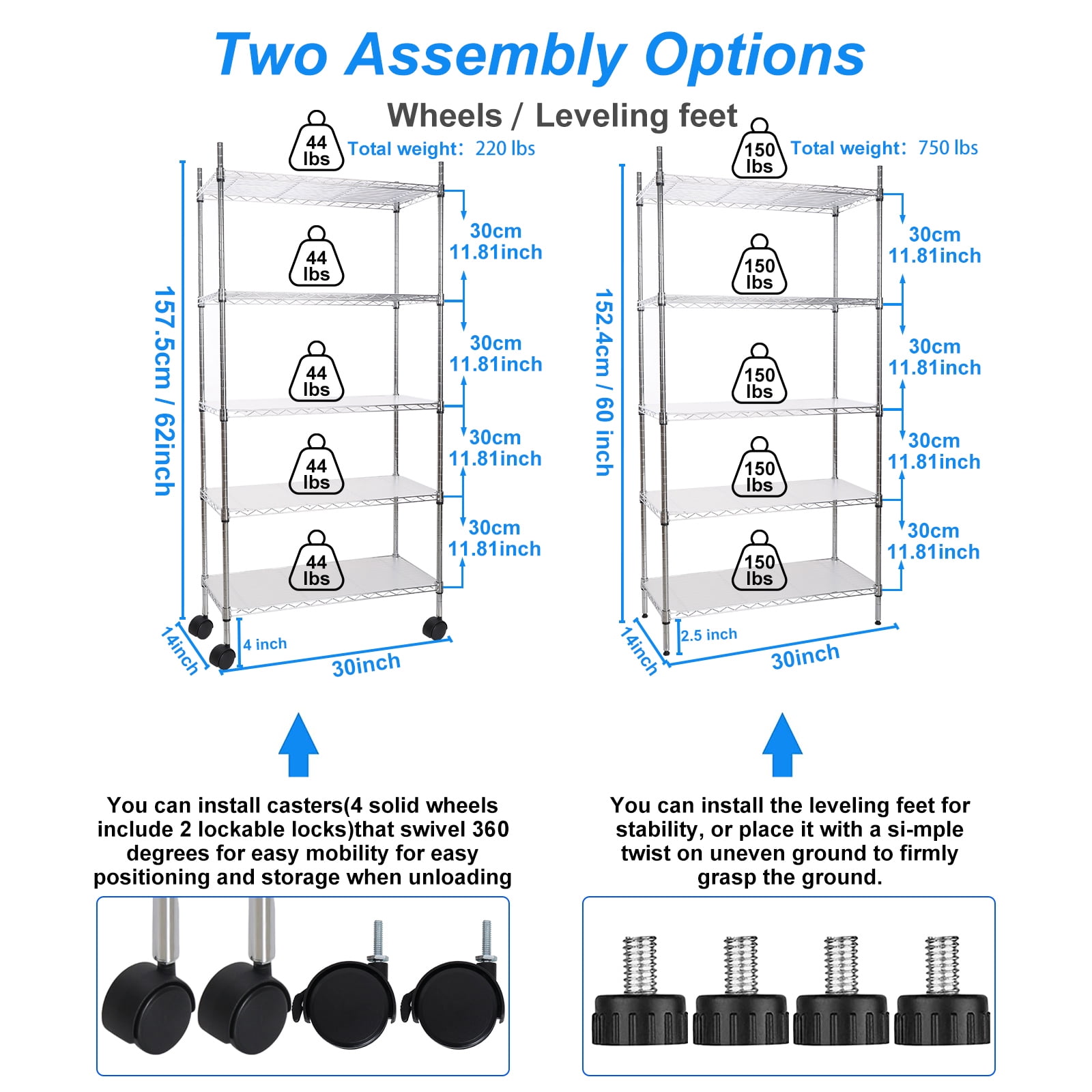 Miniyam NSF Wire Shelving Unit, 5 Tier 750lbs Capacity Storage Adjustable Rack with Wheels for Closet Kitchen, Chrome