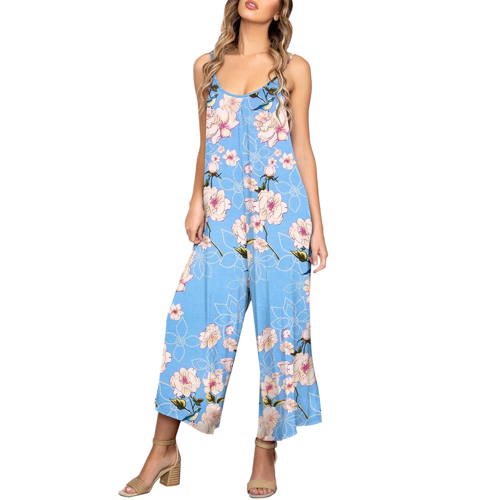 Womens Floral Printed Jumpsuits Casual Sleeveless Spaghetti Strap ...