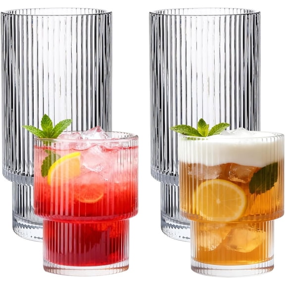 Ribbed Glass Cups Set of 4, Stackable Fluted Drinking Glasses 16oz & 7oz