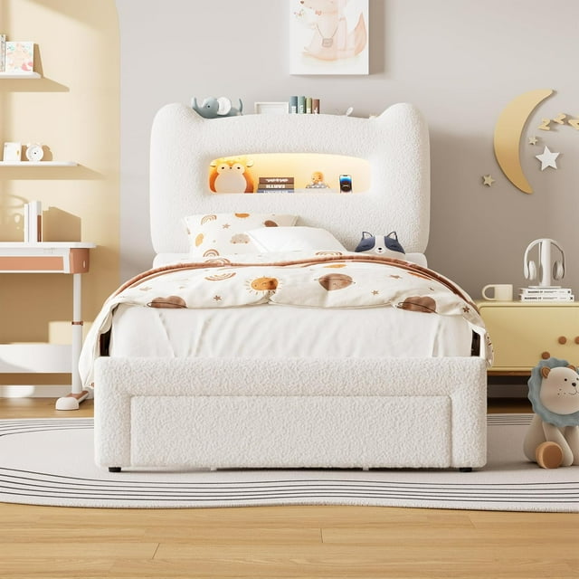 Twin Size Led Bed Frames with Drawer for Kids, Upholstered Sturdy Platform Bed with Storage Headboard and Charging Station, Low Profile Design for Kids/Girls/Boys, Noise Free, White