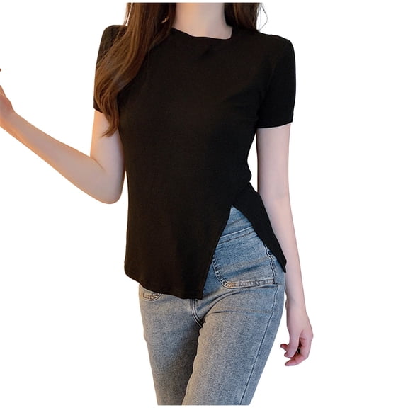 MaFYtyTPR T-Shirt for Women 2026 Trendy Solid Color Round Neck Side-Slit Slim Summer Short Sleeve Tops Black L