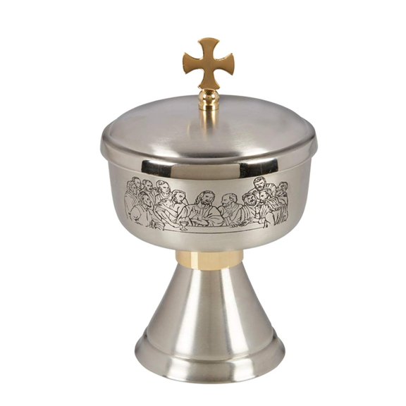 Religious Gifts Last Supper Etched Brass Ciborium with Cover, 7 1/4 Inch