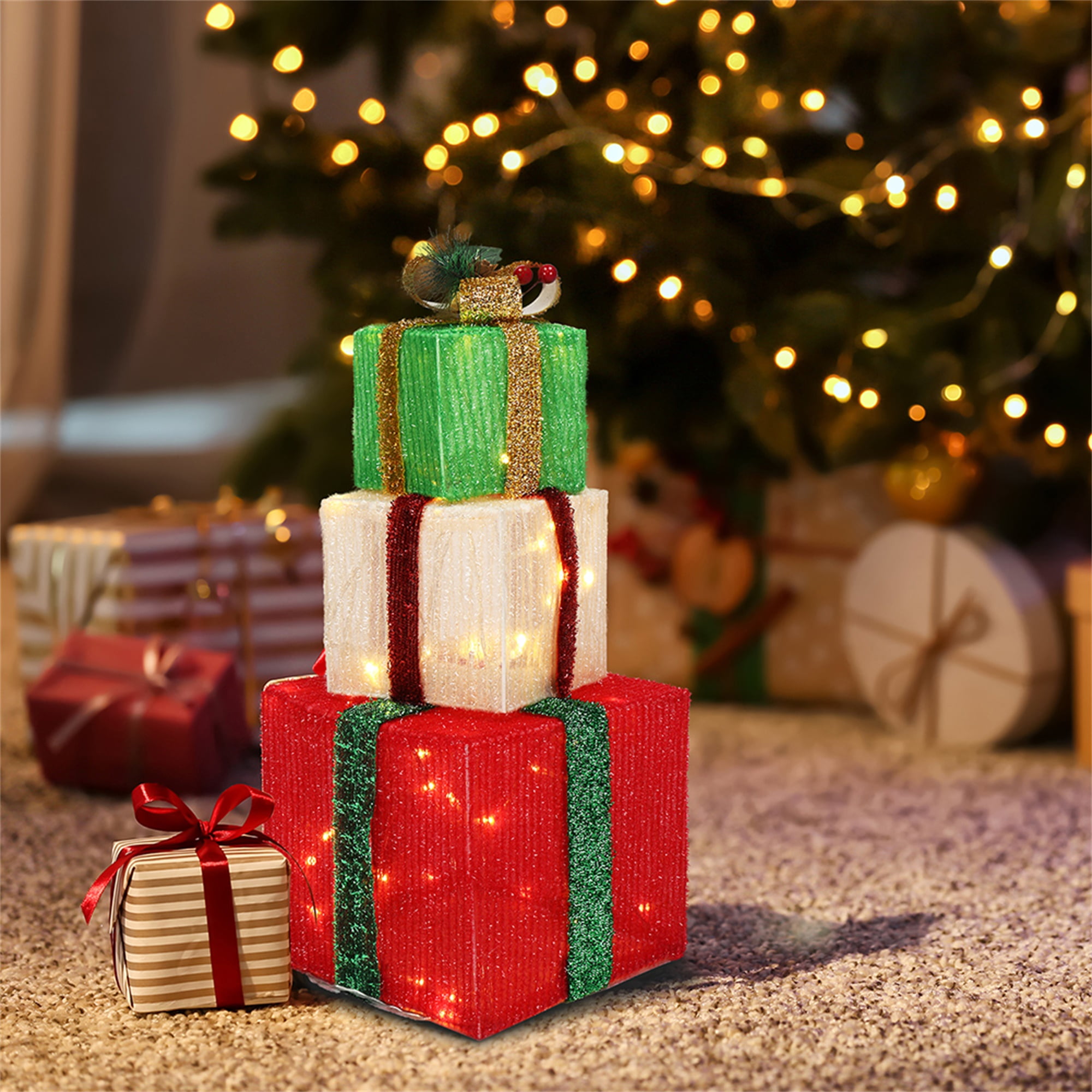 Kepooman 3pcs Christmas Gift Box, Box ABS Plastic Frame LED60 Light, Onion Cloth, Colorful Kepooman 3pcs Christmas Gift Box, Box ABS Plastic Frame LED60 Light, Onion Cloth, Colorful