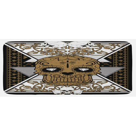 

Tattoo Kitchen Mat Skull Diamond Eyes and Floral Theme Vine Art Shape Renaissance Inspired Plush Decorative Kitchen Mat with Non Slip Backing 47 X 19 Brown and Black by Ambesonne