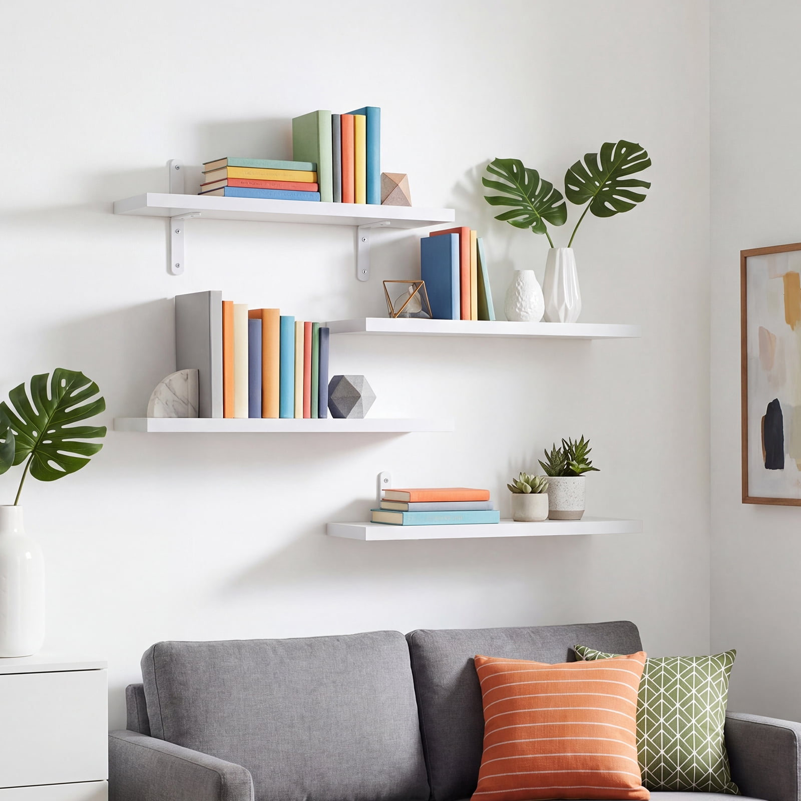 Fairy Floating Wall Shelves Set of 4, White Wood Shelves for Bedroom Bathroom Wall Storage