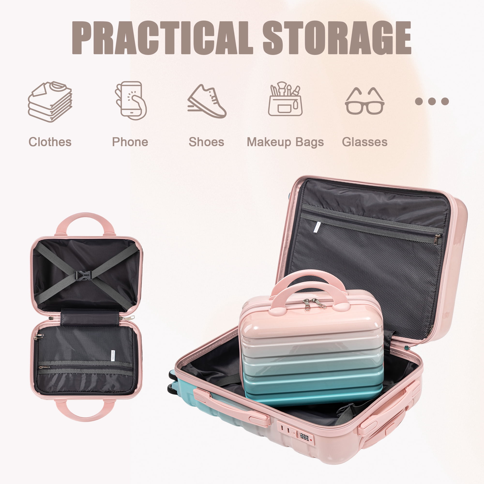 Alvantor 2 Piece Spinner Luggage Set, Gradient PC Hardshell Carry-On Suitcase with Cosmetic Case, 20″ + 14″Blue and Pink
