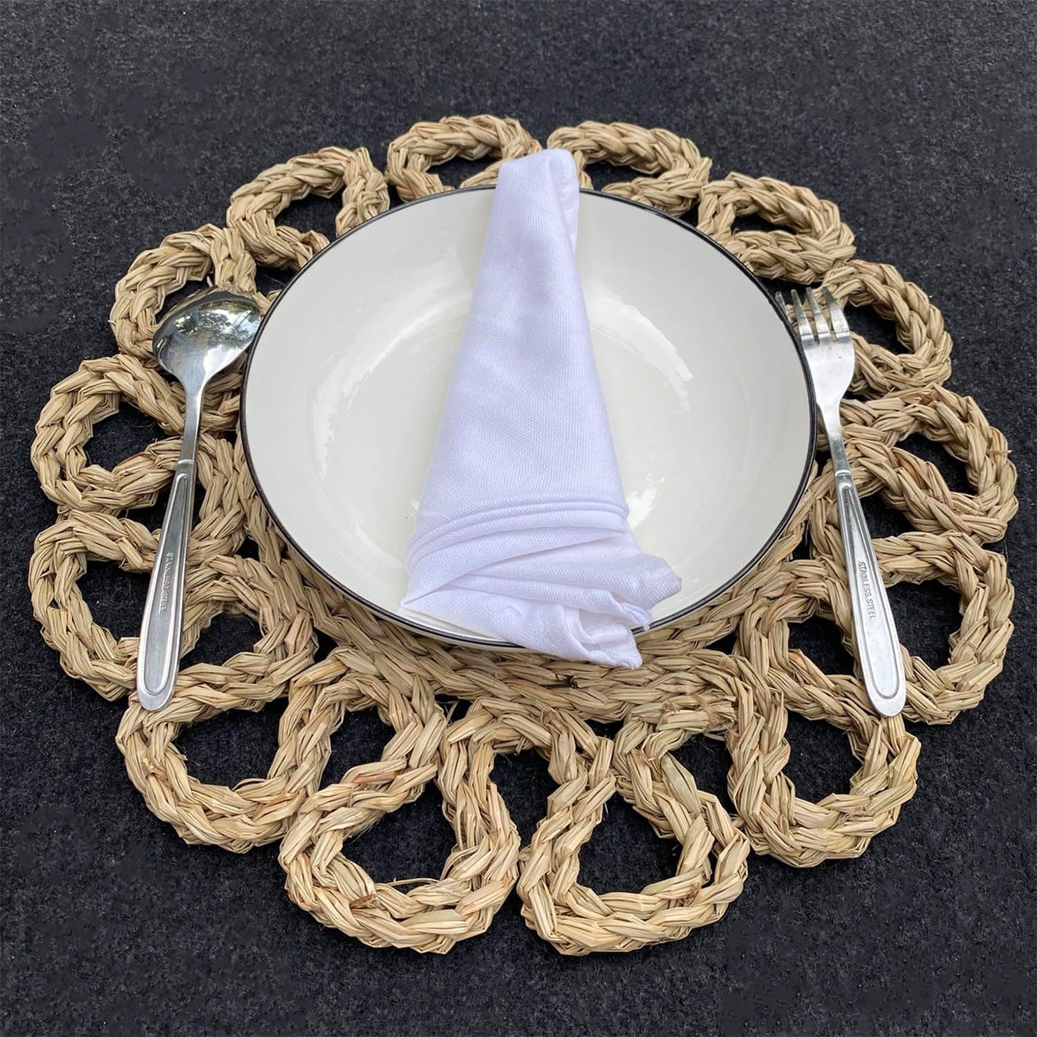 Laquedecraft 13.8" Round Rattan Seagrass Placemats | Farmhouse Spring Wicker Plate Chargers for Christmas, Dining, Party (Set of 4)