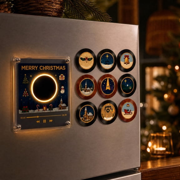 Let It Spin Christmas Music Player Fridge Magnet Music Box Set 9 Programmable NFC Music Discs Rotating Record for Christmas Holiday Gift