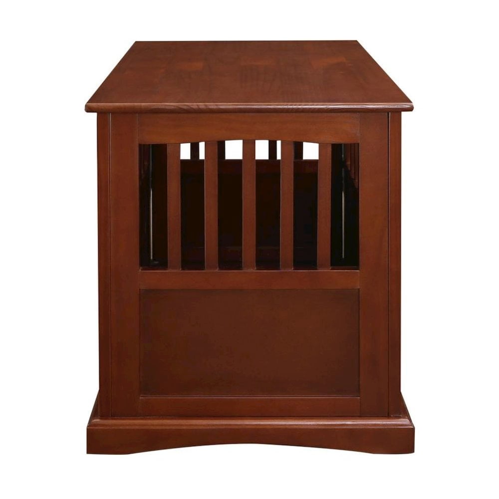 FurniFact Walnut Dog Kennel Furniture with Gate, Solid Wood Dog Crate End Table