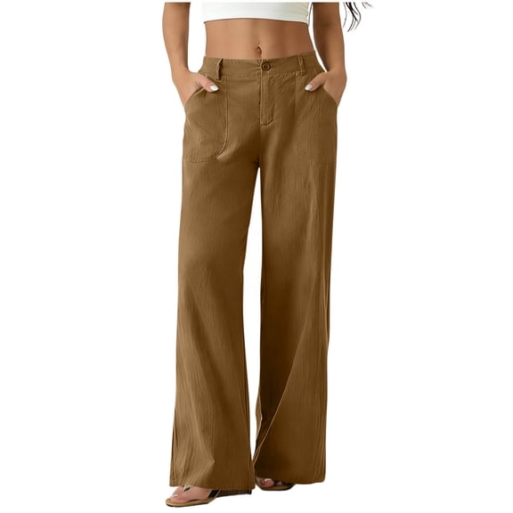 Atogsazn Womens Wide Leg Linen Pants Casual Loose Fit Button Sweatpants Bussiness Work Trouser with Pocket Coffee L Fashion