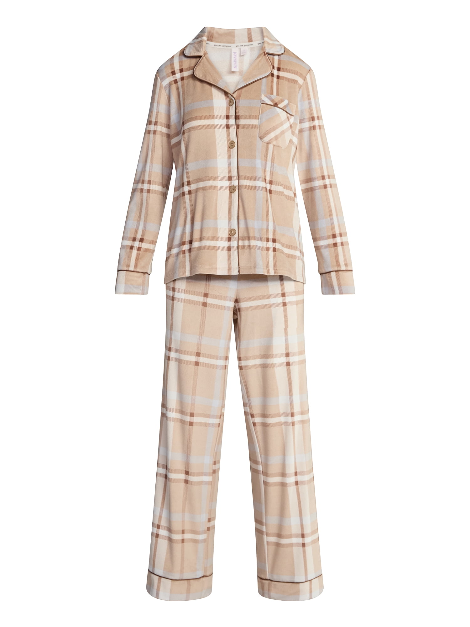 Joyspun Women’s Stretch Velour Notch Collar Long Sleeve Pajama Set, Sizes XS to 4X