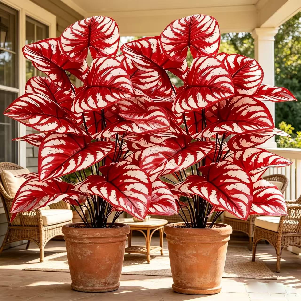 2 PCS 27.5 Inch Artificial Caladium Plants, Faux Red Leaf Caladium, UV Resistant Fake Plants for Indoor Outdoor Home Garden Decor, No Pot Included