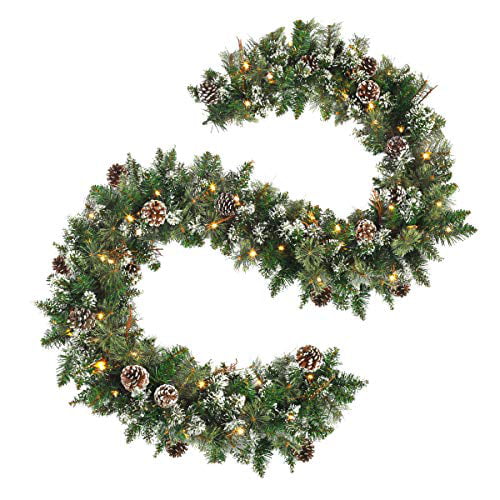 Artificial Snowy Pine Garland, Battery Operated Outdoor Garland Lights With Timer