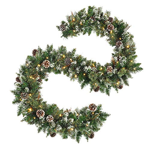 Oasiscraft 9 Ft Prelit Garland With Pine Cones Artificial Snowy For 50 Led Battery Operated Warm Lights And Timer Xmas Garlands Decor Indoor Outdoor Com Artificial Snowy Pine Garland, Battery Operated Outdoor Garland Lights With Timer