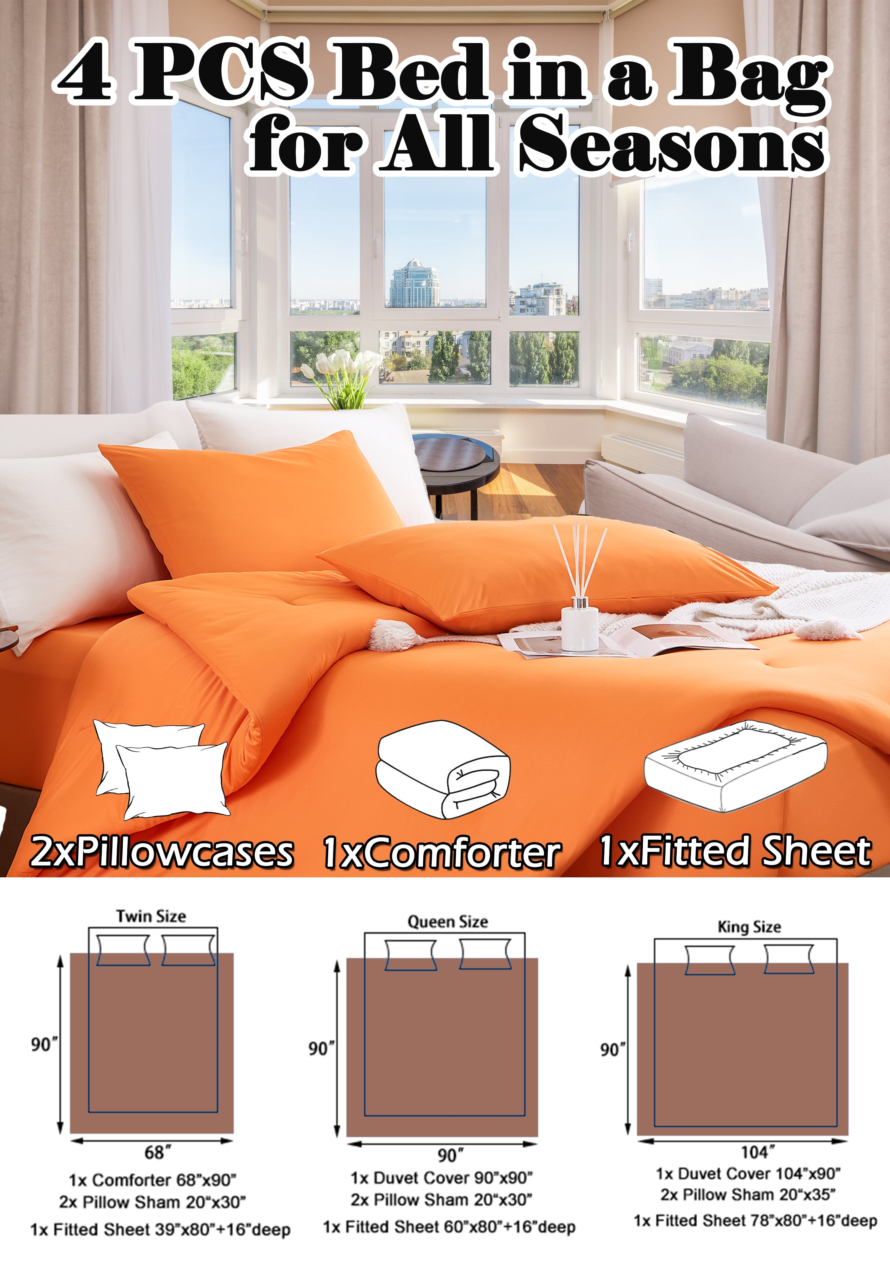 MorroMorn Comforter Set Queen Size, 4 Pieces All Season Bedding Comforters Sets, Soft Bed Set with 1 Down Alternative Duvet Insert 90×90 Inches, 2 Pillow Cases & 1 Fitted Sheet (Queen, Orange)
