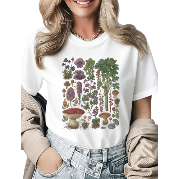 Whimsical Cottagecore Fungi Graphic Tees Womans T-shirt Black/White S-5XL Shirts Group Outing Tops