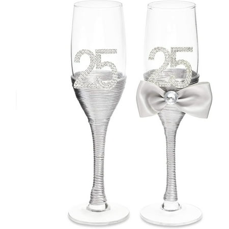 

Set of 2 25th Wedding Anniversary Champagne Flutes Glasses for Mr and Mrs Toasting Party Celebration Gift