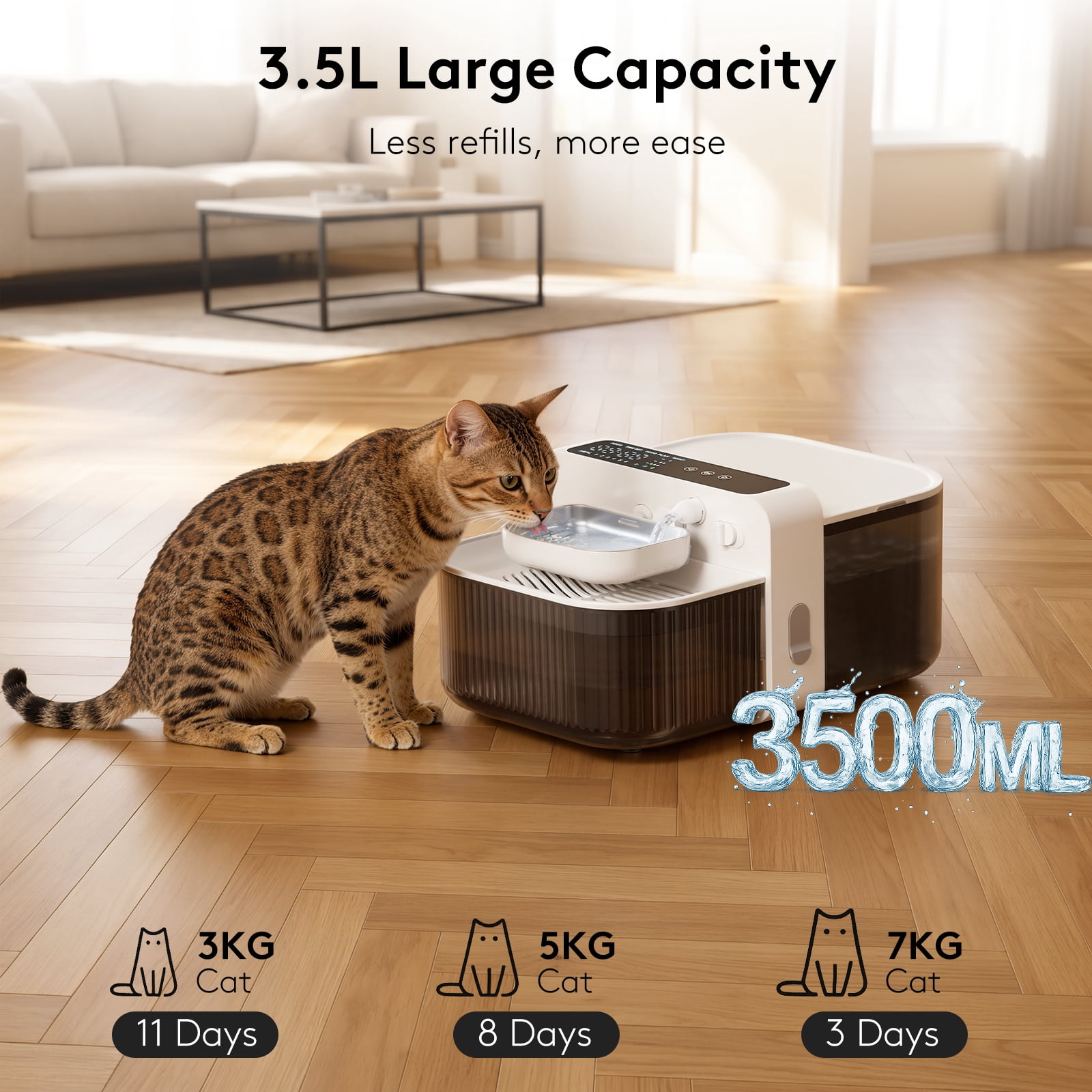 No-Filter Wireless Cat Water Fountain, 3.5L Stainless Steel Pet Fountain for Cats & Dogs – Wastewater Separation, Auto Refill, Ultra-Quiet 2000mAh Battery, Indoor Smart Water Dispenser