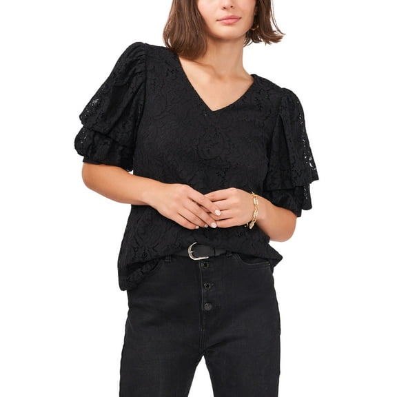 VINCE CAMUTO Womens Black Lace Pouf Sleeve V Neck Top S