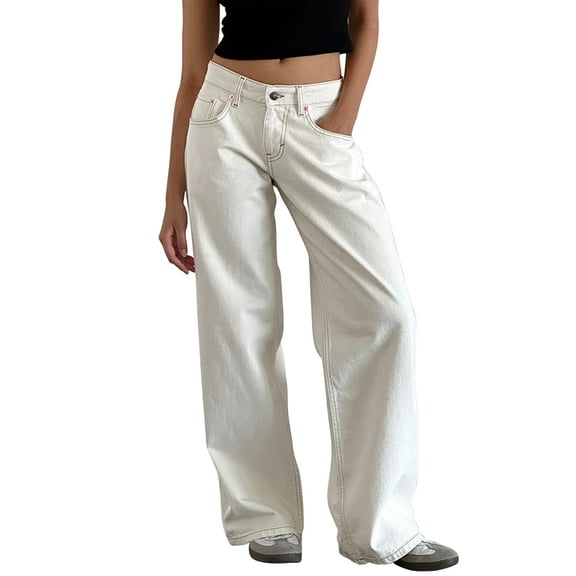 Women Y2k Low Rise Baggy Jeans Loose Fit Boyfriend Straight Wide Leg Jeans Trendy Stretch Long Denim Pants White XS