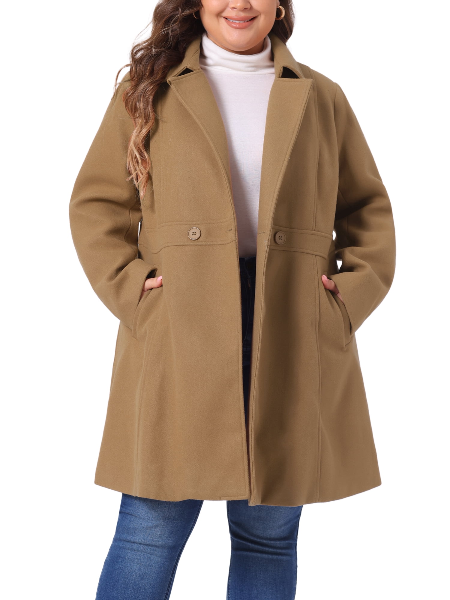 DARING DIVA Women's Plus Size Notched Lapel Single Breasted Coat 2X Camel