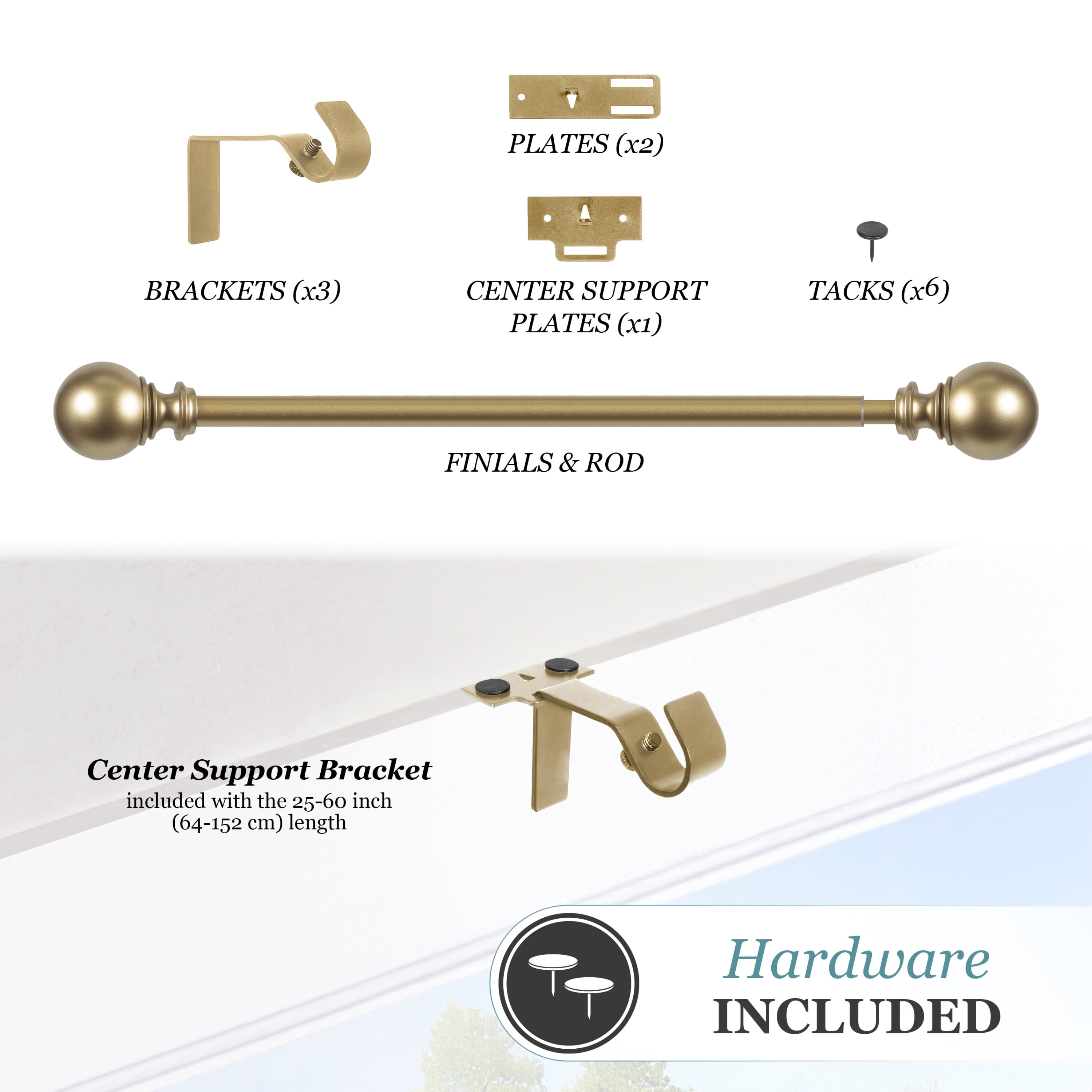 Fast Fit 5/8" Gold Adjustable Curtain Rod, 25-60"