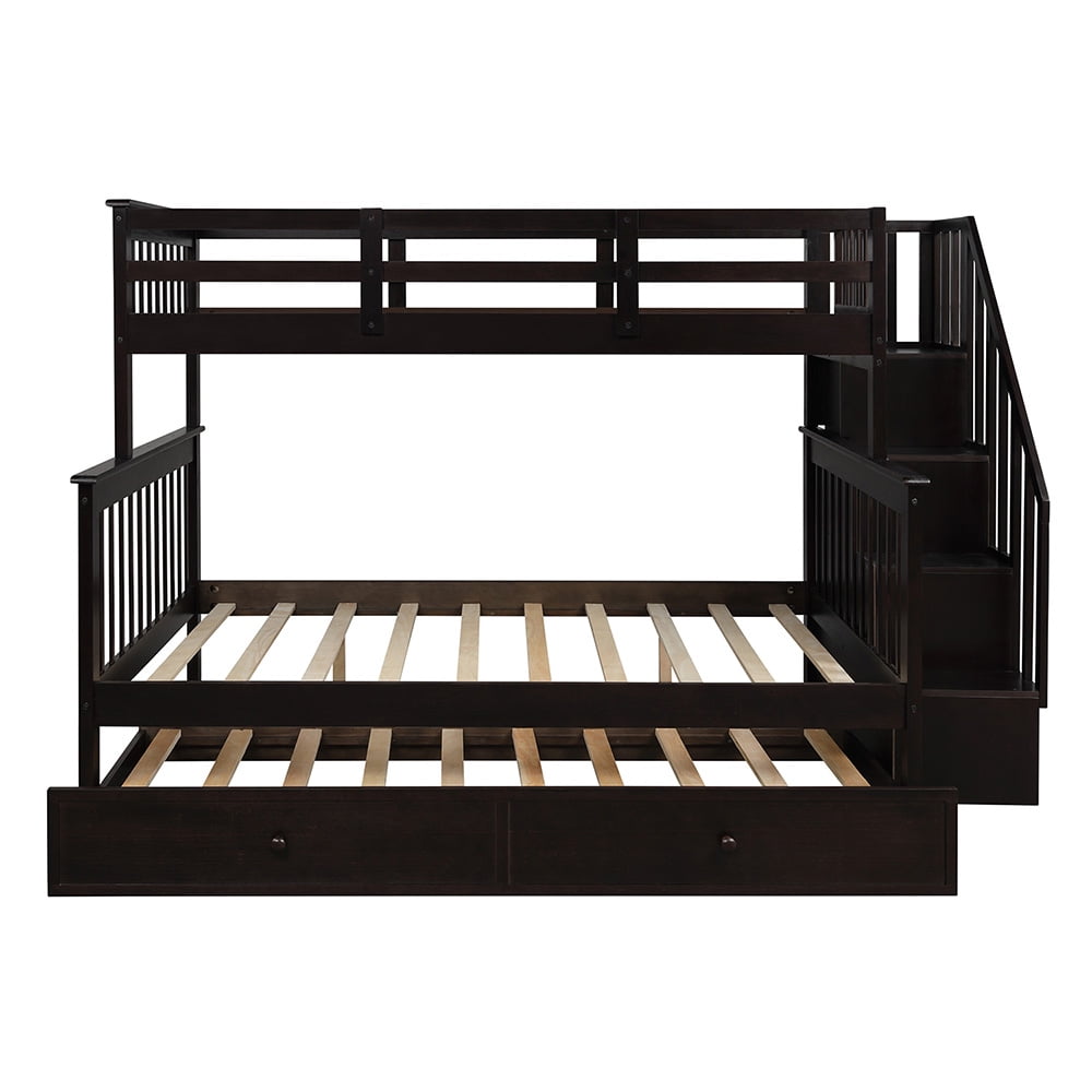 Twin-Over-Full Bunk Beds with Storage and Guard Rail, Bunk Bed for Bedroom, Espresso