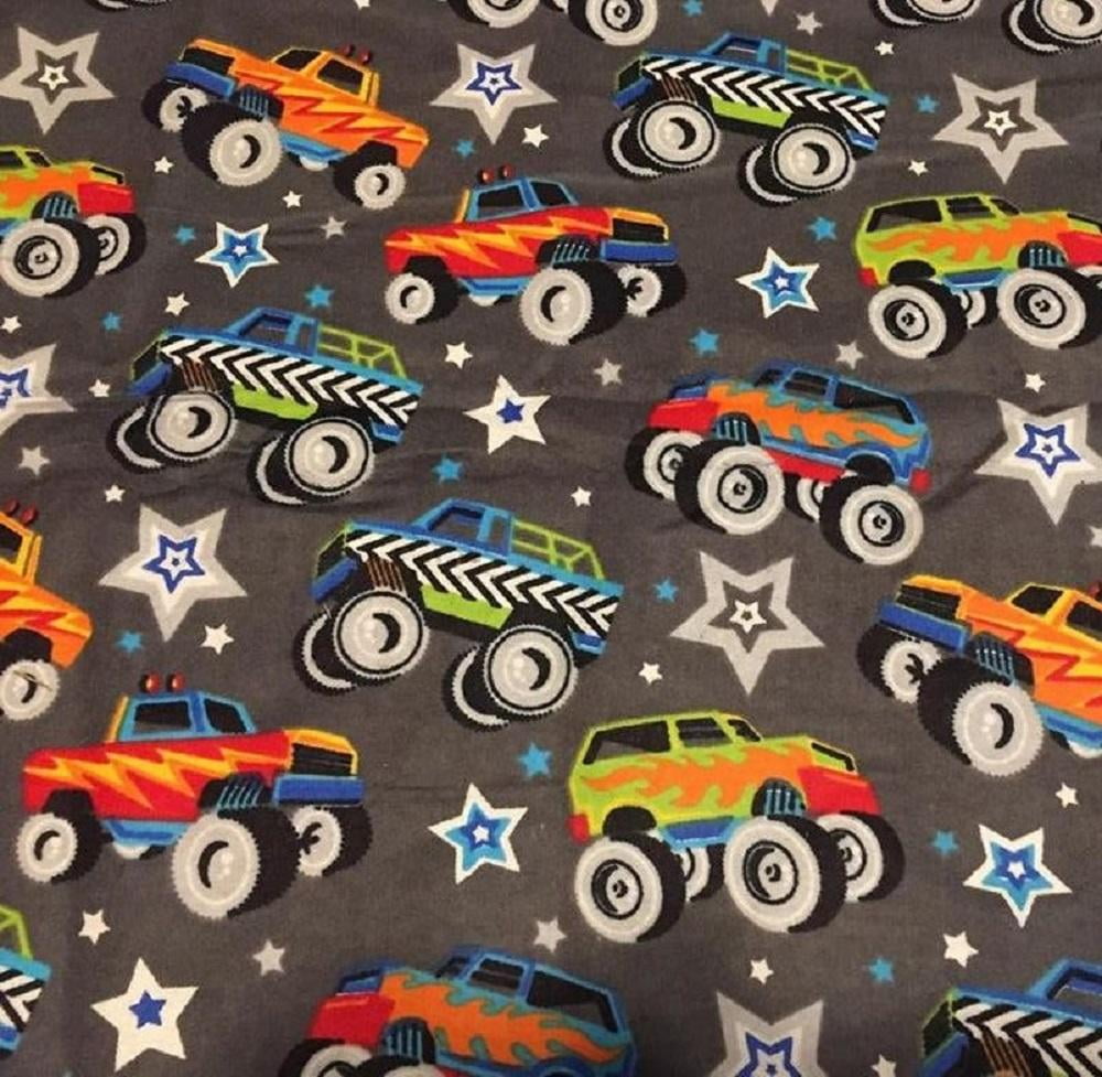 Monster Trucks Grey Stars Flannel Fabric