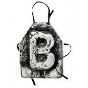 Letter B Apron Steel Aged B with Toned Cracks and Distressed Effects Ceramic Inspired Print, Unisex Kitchen Bib Apron with Adjustable Neck for Cooking Baking Gardening, Silver Grey, by Ambesonne