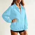 thumbnail image 6 of Women's Solid Full Zip High Collar Sweatshirt Long Sleeve Loose Casual Zip up Jacket with Pockets Lightweight Hoodless Outerwear Tops Light Blue, 6 of 6