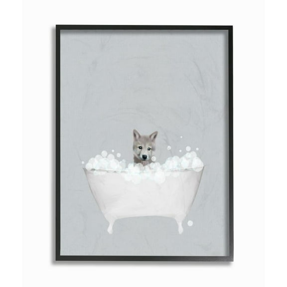 Stupell Industries Wolf Blue Bath Cute Animal Design Graphic Art Black Framed Art Print Wall Art, 16x20, by Leah Straatsma