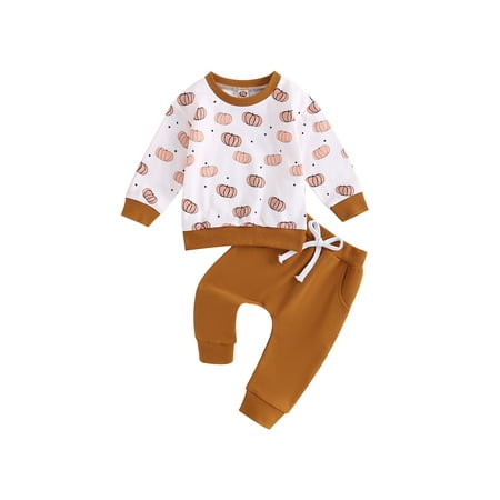 

Qtinghua Toddler Baby Halloween Outfit Pumpkin Print Long Sleeve Sweatshirt and Elastic Pants Set for Infant 2 Piece Fall Clothes