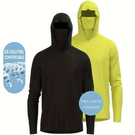 

UUUQU 2 Pcs Men‘s Solid Sun Protection Hooded Shirt With Mask Active Long Sleeve Rash Guard For Fishing Hiking Outdoor