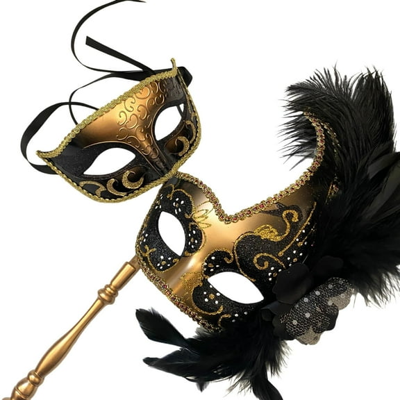MASQ Masquerade ball stick mask Pair Detachable Handle Ostrich Feather Christmas New Year Mardi Gras Carnival Party