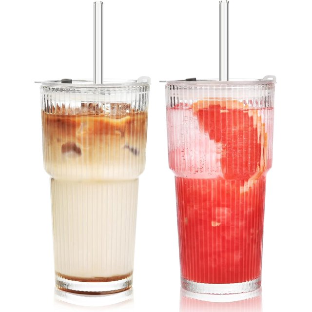 Paquete de 2 vasos de vidrio acanalado de 600 ml con tapa y pajita, vasos para café helado, juego de vasos para bebidas largas, vaso para batidos, diseño hermético e impermeable, ideal para café.