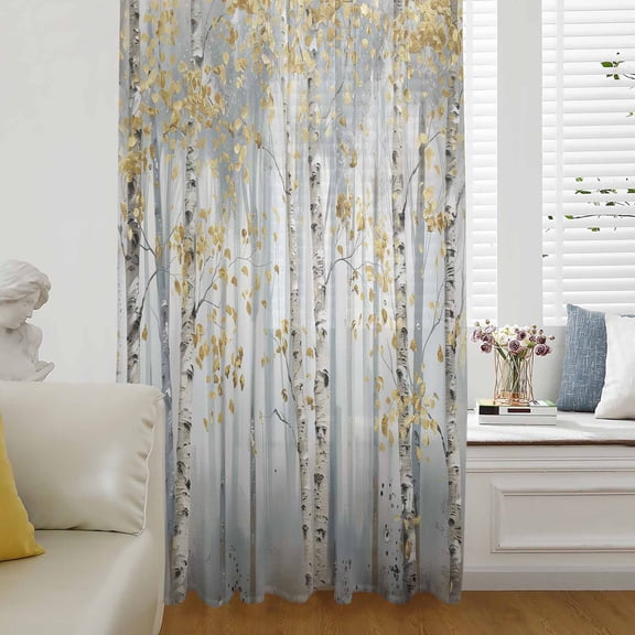 Yellow Grey Forest Semi Sheer Curtains Drapes for Living Room, Bedroom, French Doors Window 96 Inches Long, Grey Modern Art Oil Painting Rod Pocket Chiffon Curtain Drapery Voile Draperies Panel