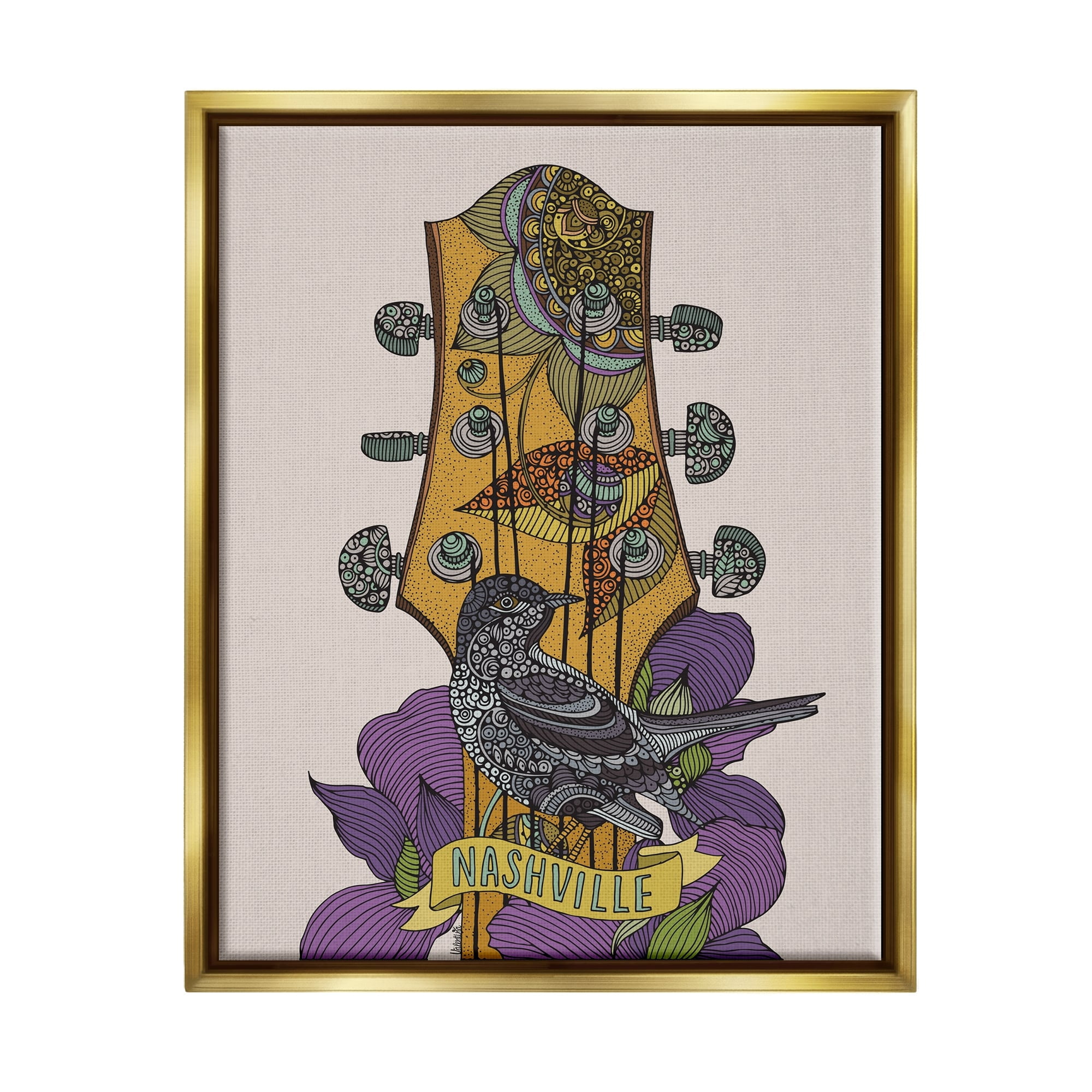 Stupell Industries Intricate Nashville Guitar Floral Patterned Bird Perched Graphic Art Metallic Gold Floating Framed Canvas Print Wall Art, Design by Valentina Harper