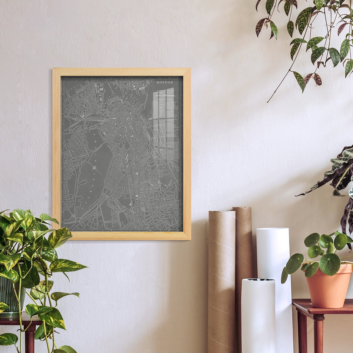 City Map of Boston -Framed Print w/glass-Natural Wood