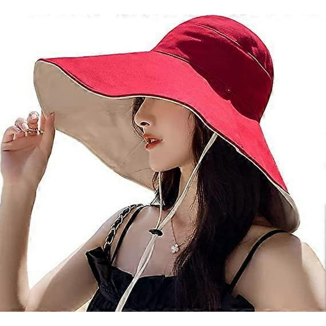 Women's Sun Hats Summer Beach UV Protection UPF Packable Wide Brim Chin Strap,Can be Worn on Both Sides Oversized Bucket Hat