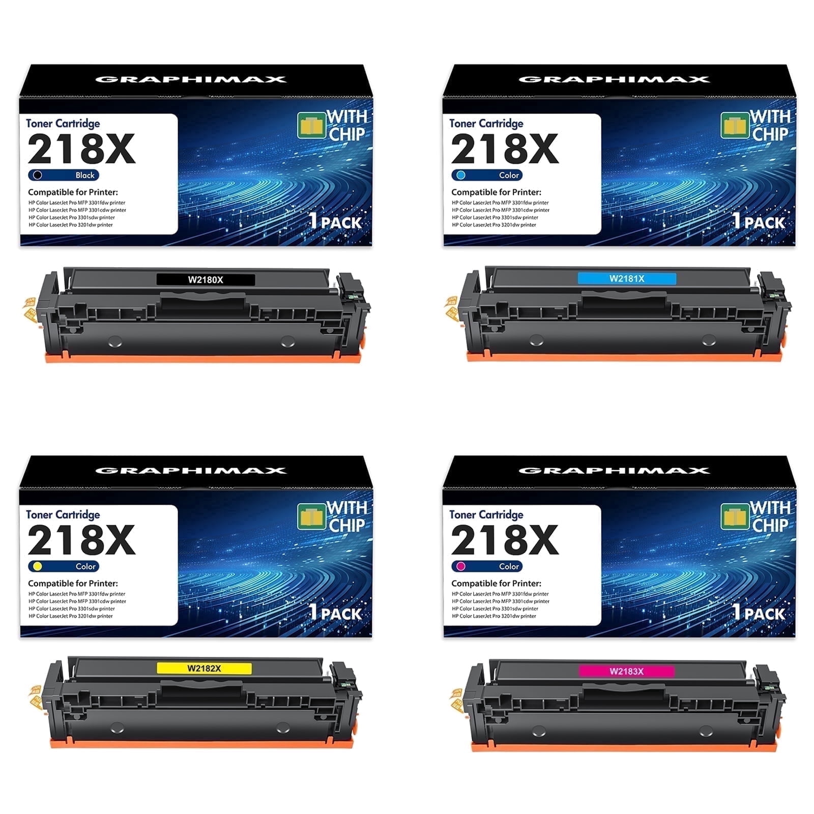 Compatible for HP 218X 218A Toner Cartridges With-Chip Laserjet 3301sdw 3301fdw 3301cdw 3201dw 3301 3201 W2180X W2180X Series Printer Black Cyan Yellow Magenta Pack-4