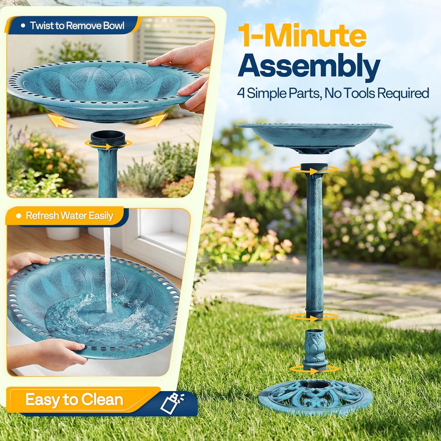 SPECSTAR Bird Bath, Polyresin Antique Outdoor Blue Garden Birdbath and Solar Powered Round Pond Fountain Combo Set