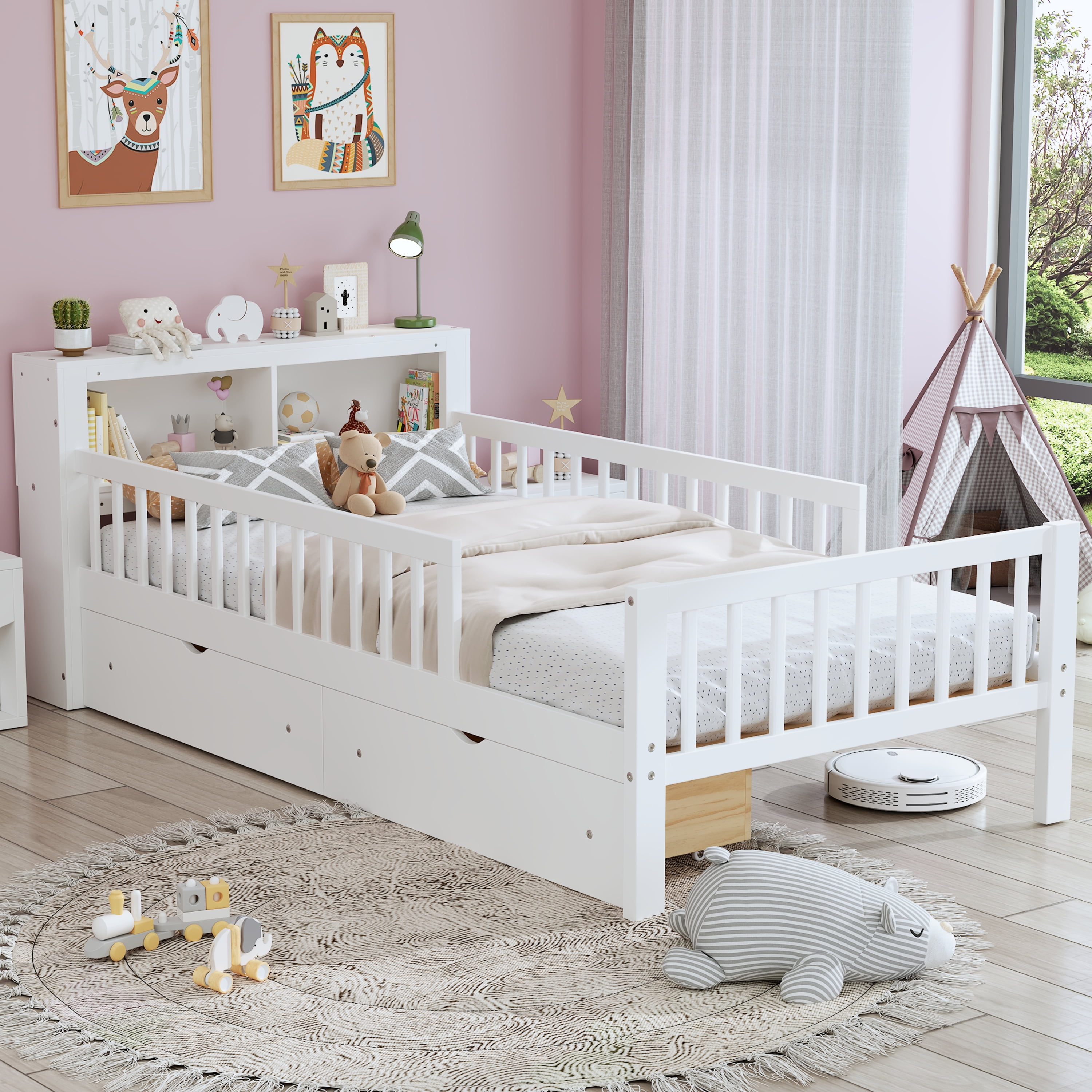 Euroco Wood Twin Size Platform Bed with Storage Headboard and Drawers, Low Profile Bed with Guardrails for Kids and Toddlers, White