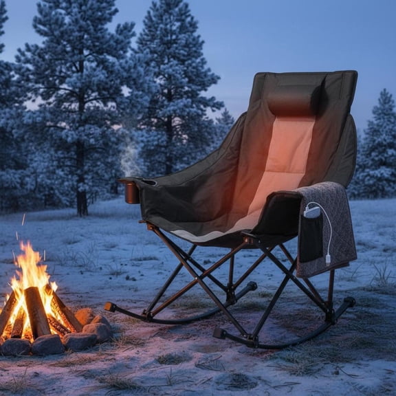 Heated Camping Chair, Large Padded Folding Rocking Chair with 3 Heat Settings, Cup Holder and Side Pocket, 225 Lbs Weight Capacity